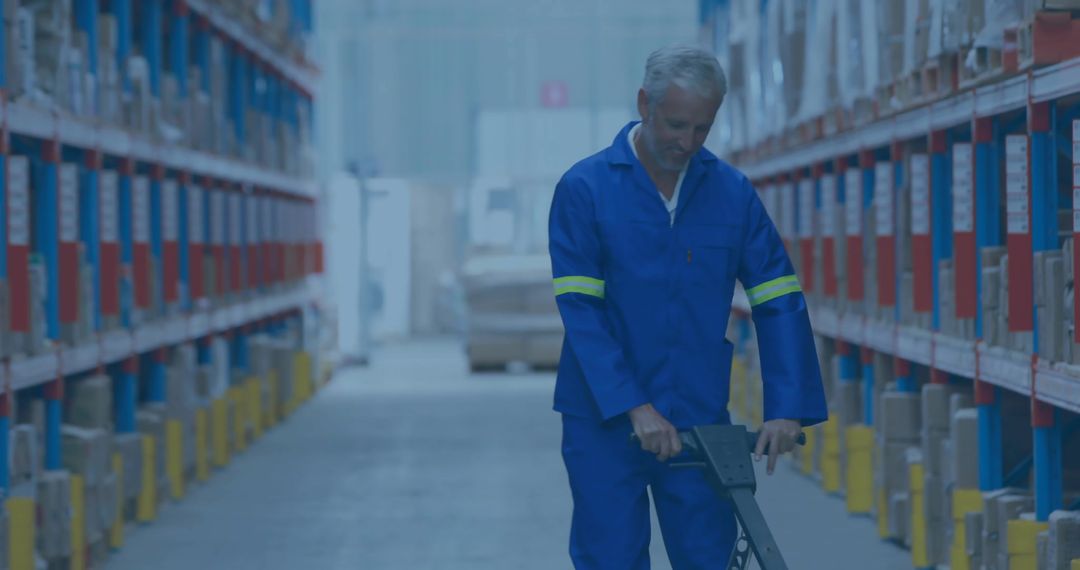 Warehouse Worker Operating Pallet Jack in Storage Aisle