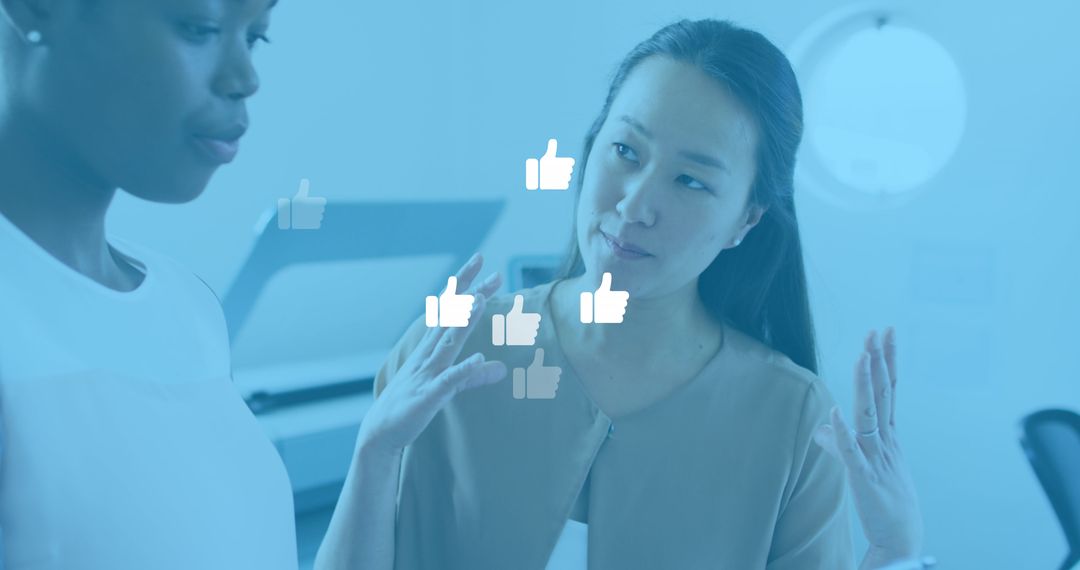 Diverse Coworkers Discussing Social Media Engagement in Modern Office