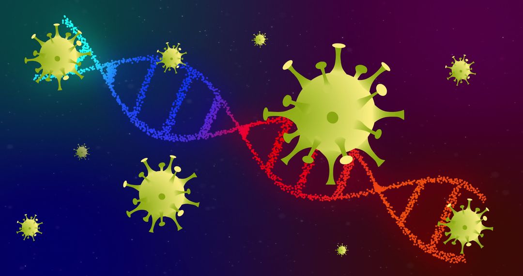 Coronavirus Particles and DNA Helix on Digital Backdrop