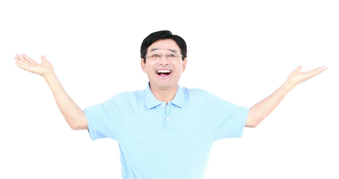 Happy Middle-Aged Man Spreading Joy with Open Arms