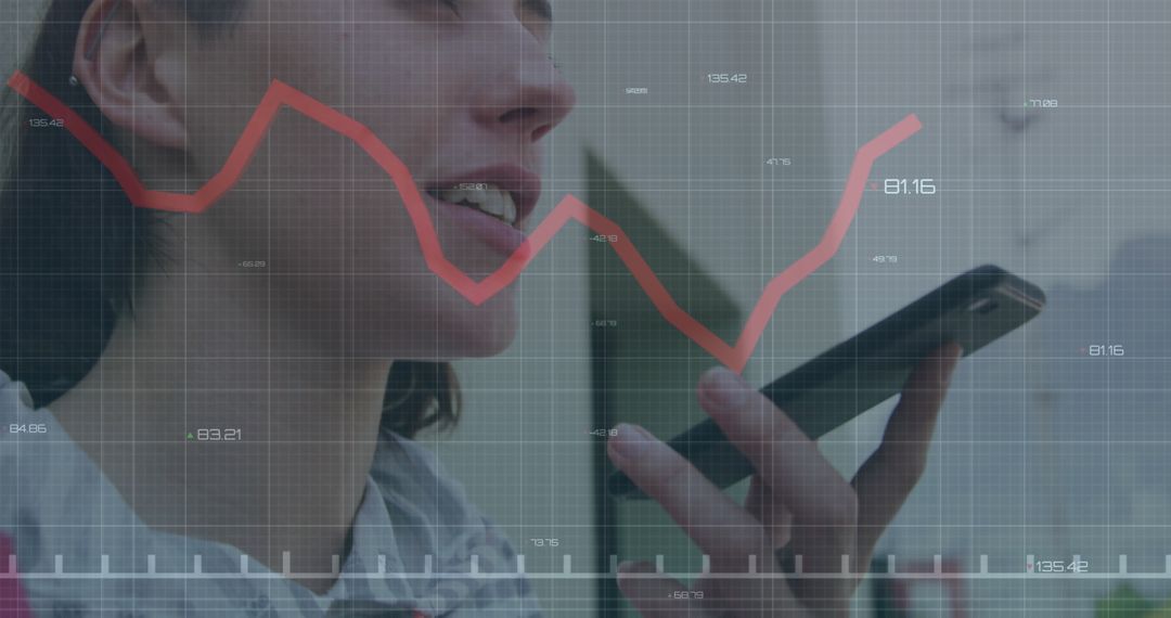 Financial Data Overlaying Woman Using Smartphone for Analysis