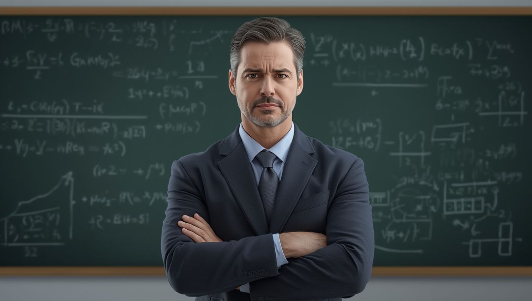 Confident Educator Standings Before Complex Chalkboard Diagrams in Classroom
