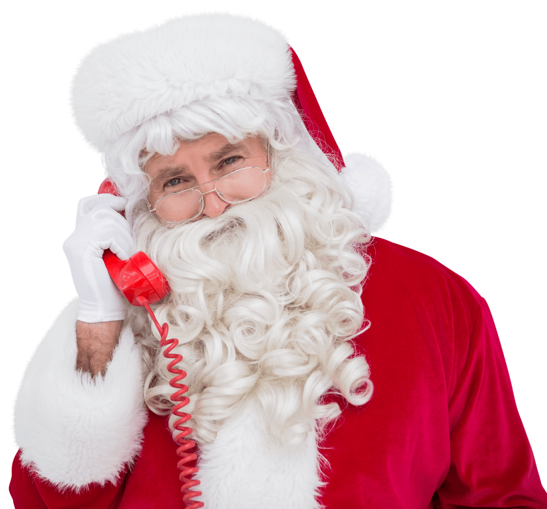 Santa Claus Taking Calls on Landline in Transparent Red Suit