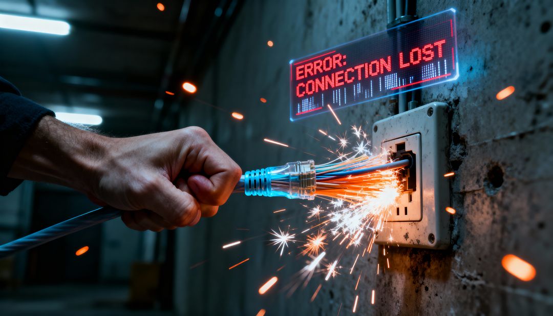 Hand yanking Ethernet cable causing sparks and 'Connection Lost' error in industrial corridor