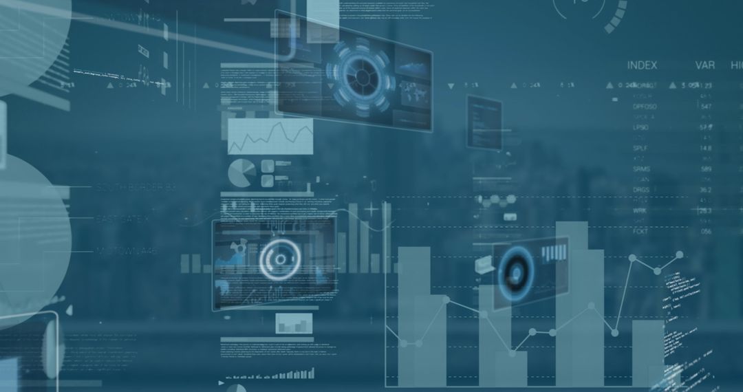 Futuristic Digital Interface with Data Charts Over Cityscape