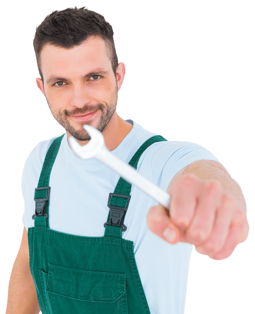 Smiling Man Holding Wrench on Transparent Background
