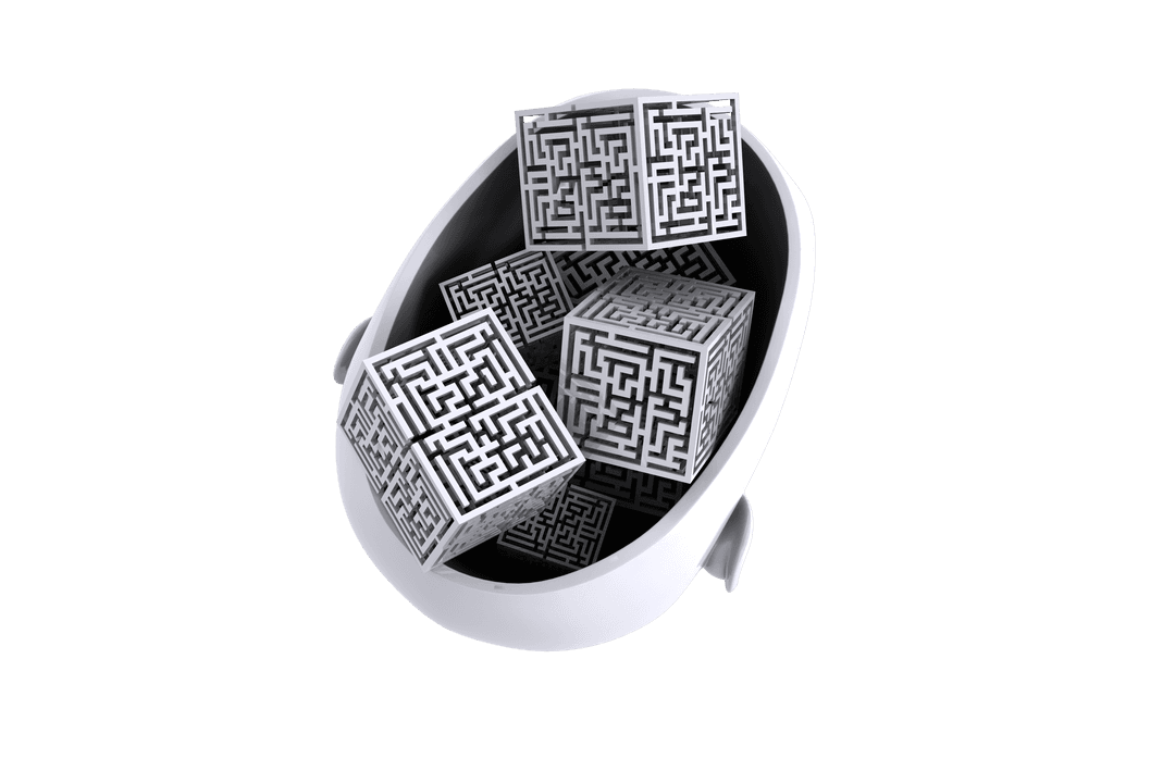 Transparent Human Head Filled with Labyrinth Cubes Symbolizing Puzzle Thinking