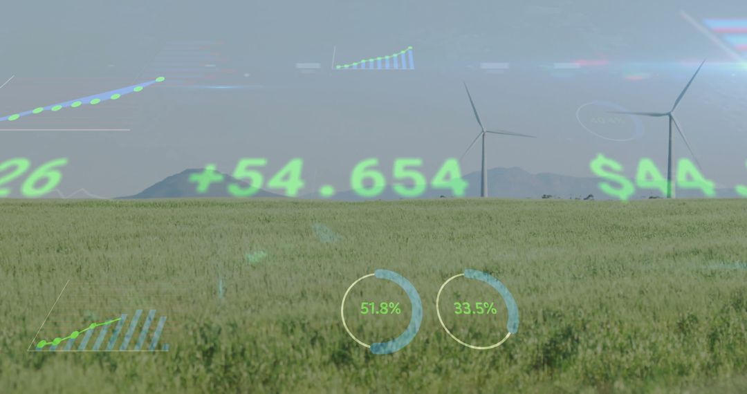 Wind Turbines in Field with Financial Data Overlay