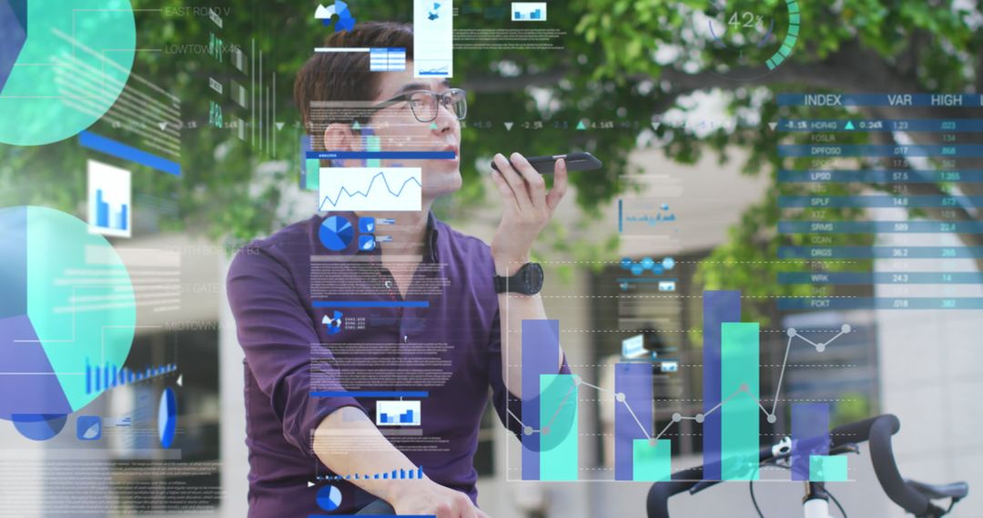 Businessman Engaging with Digital Interface and Analytics Outdoors