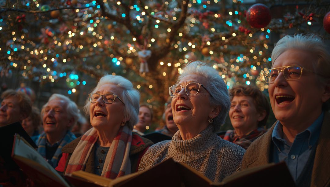 Senior Choir Singing with Magic Tree Light Decor in Town Square