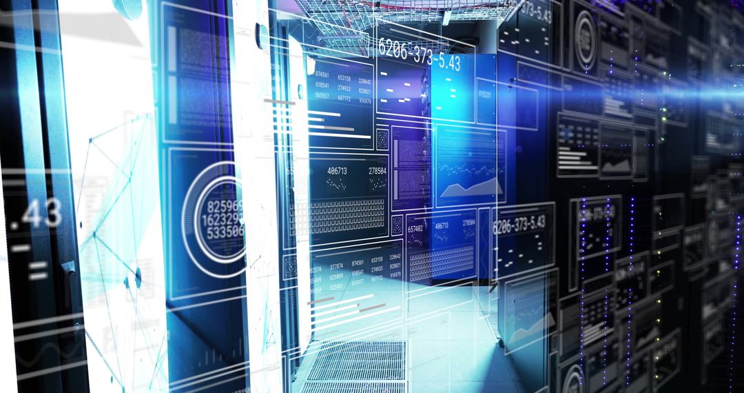 Futuristic Data Center with Holographic Interfaces and Blue LED Lights