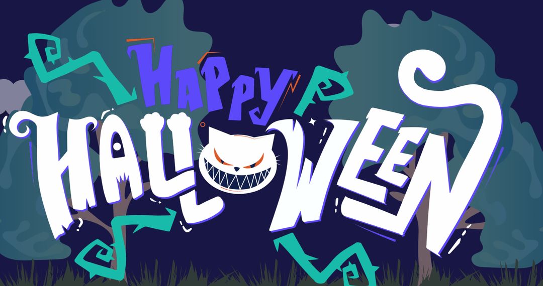 Playful Happy Halloween Greeting with Spooky Cat and Trees