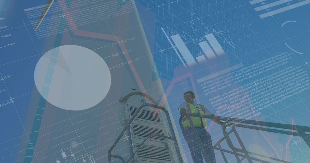 Engineer Analyzing Data Overlaid on Wind Farm Infrastructure Setting