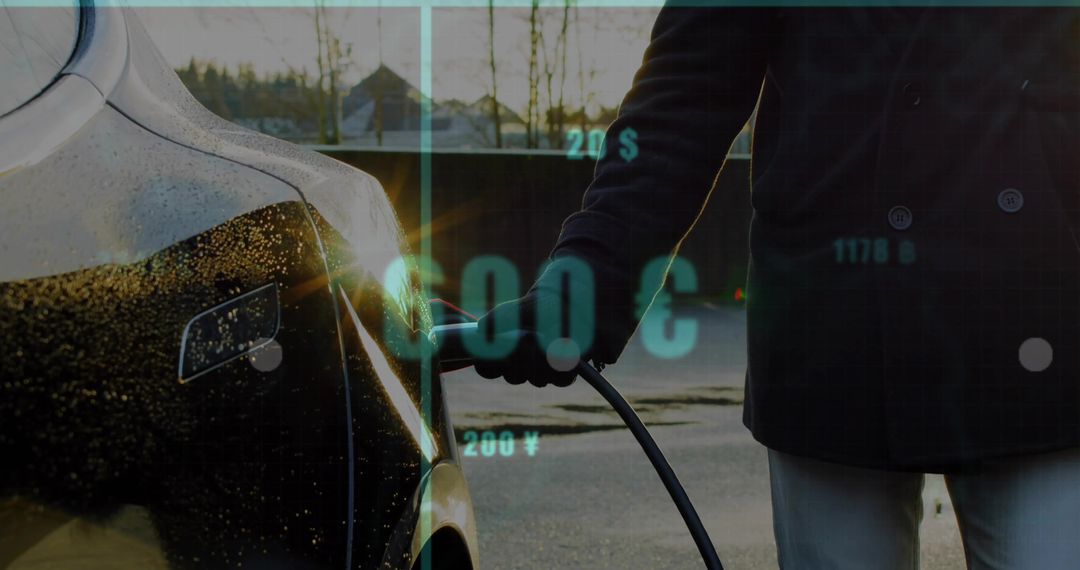 Charging Electric Car at Sunset with Economic Data Overlay