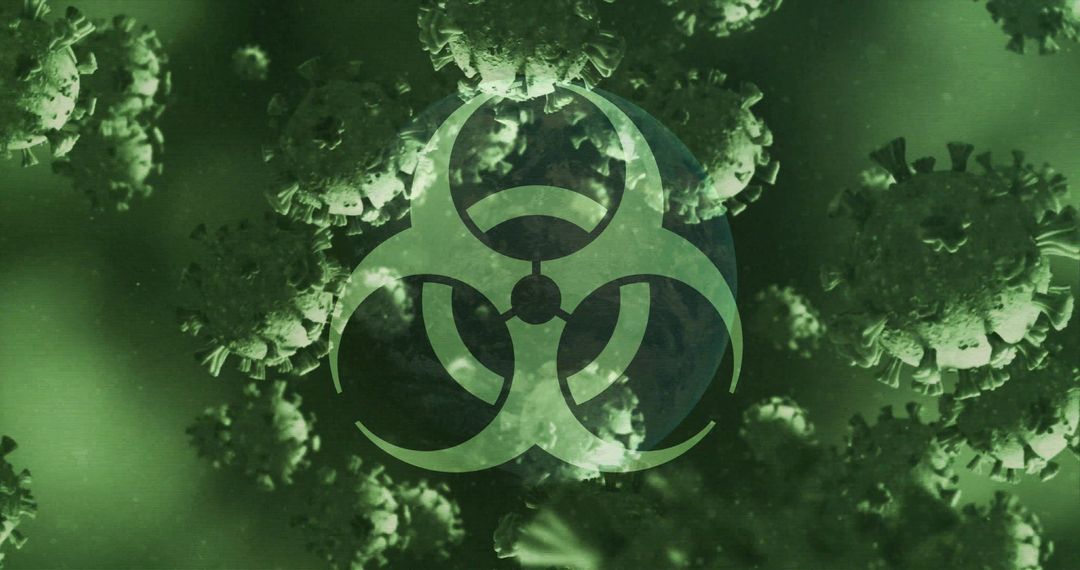 Biohazard Symbol Overlapping Abstract Viral Particles in Green Hue