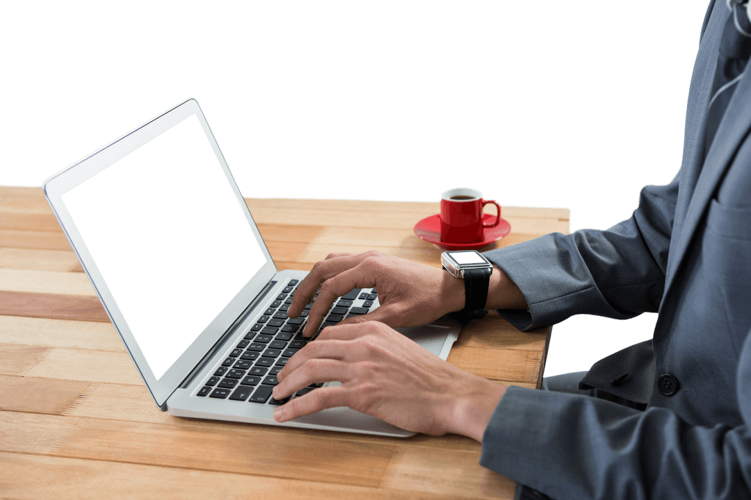 Transparent Businessman Typing on Laptop with Coffee in Office