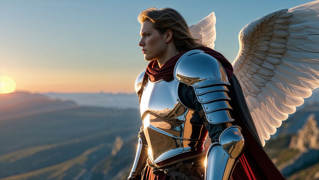 Winged Warrior in Shining Armor Against Sunset Backdrop