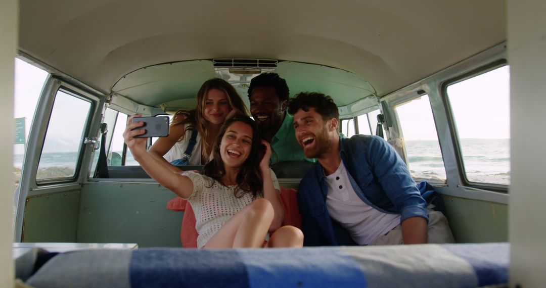 Happy Friends Taking Selfie Inside Van at Beach - Free Images, Stock Photos and Pictures on Pikwizard.com