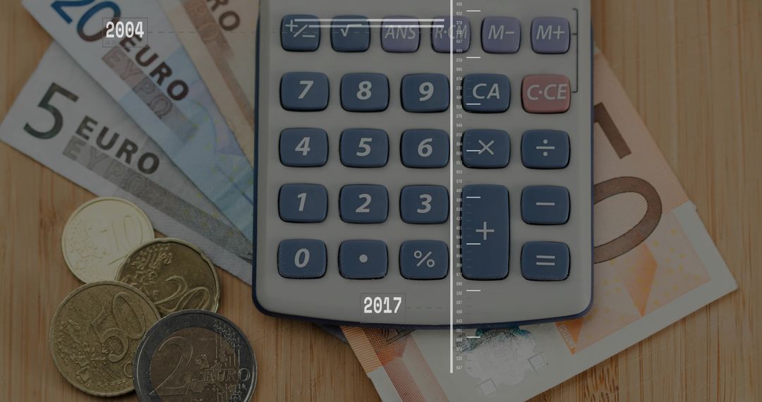 Handheld calculator resting on Euro banknotes and coins with vertical timeline overlay