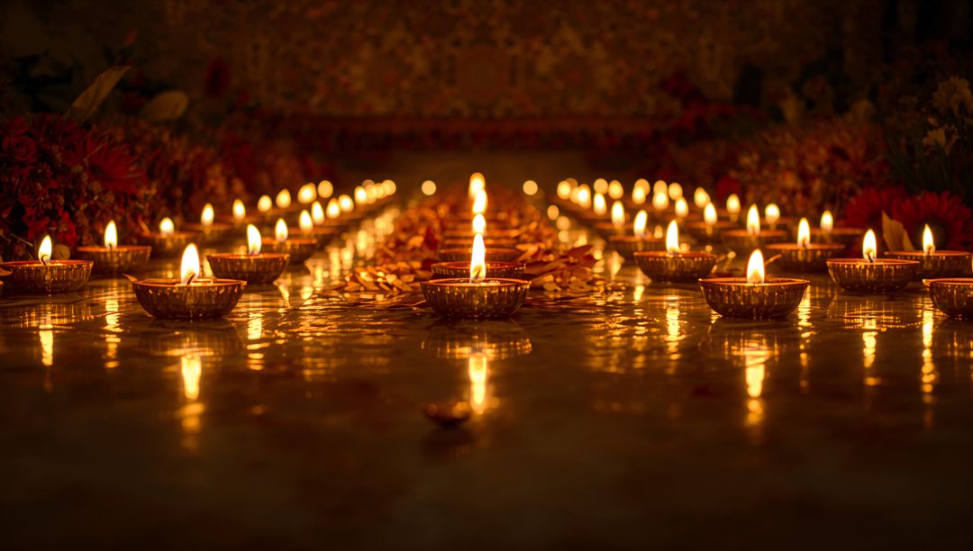 Brass Diyas Reflecting on Marble Floor Warm Golden Lights for Diwali