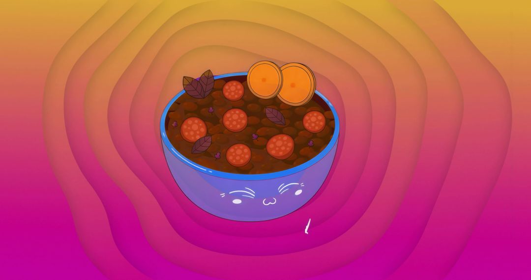 Kawaii Bowl Holding Meatball Stew with Basil and Bread in Abstract Art