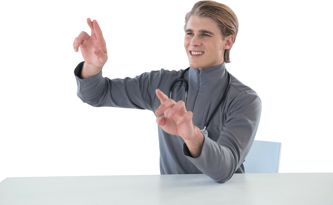 Smiling Transparent Male Doctor Using Imaginary Interface