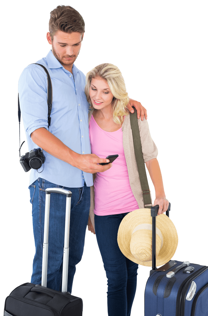 Attractive Couple Planning Vacation With Smartphone on Transparent Background