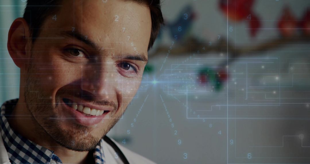 Smiling Male Doctor Embracing Technology with Digital Interface Overlays