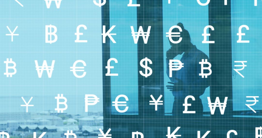 Silhouetted Businessperson with Global Currency Symbols Overlay
