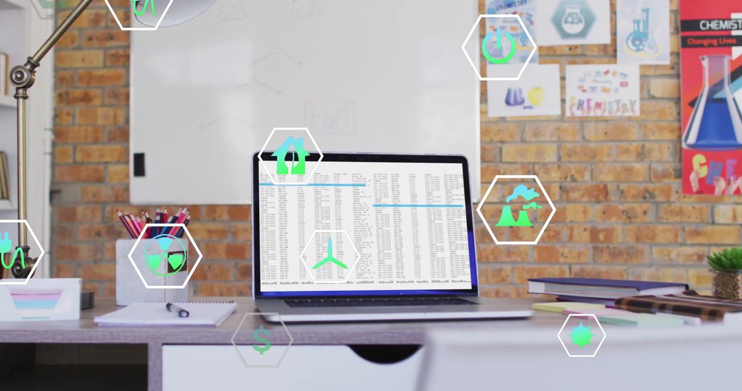Ecology Icons Over Laptop with Data Processing in Modern Office