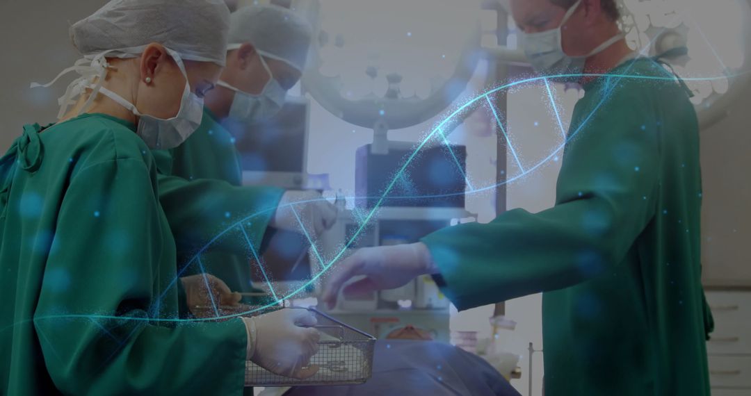 Surgeons Performing Operation with DNA Overlay Symbolizing Advanced Healthcare