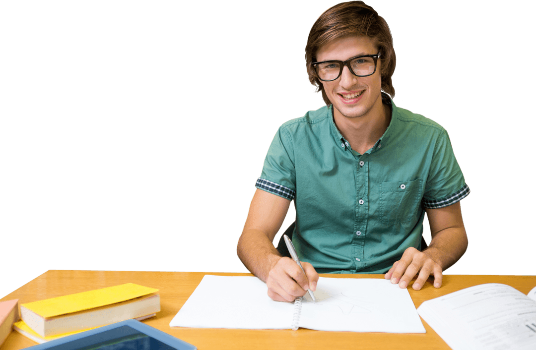 Transparent Background of Student Studying in Library with Books