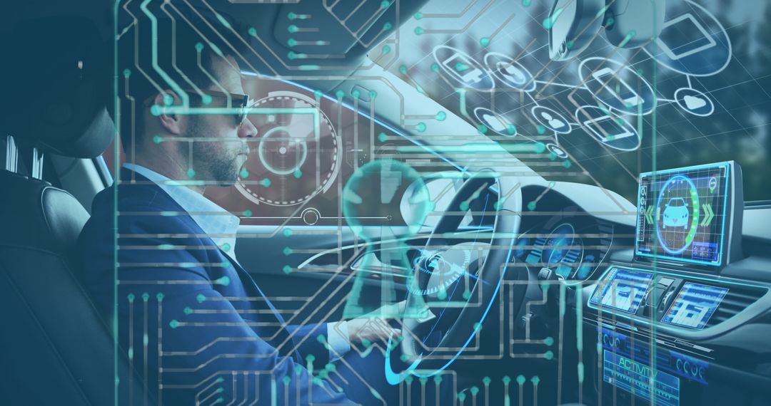 Man Experiencing Virtual Reality in Autonomous Vehicle with Digital Interface