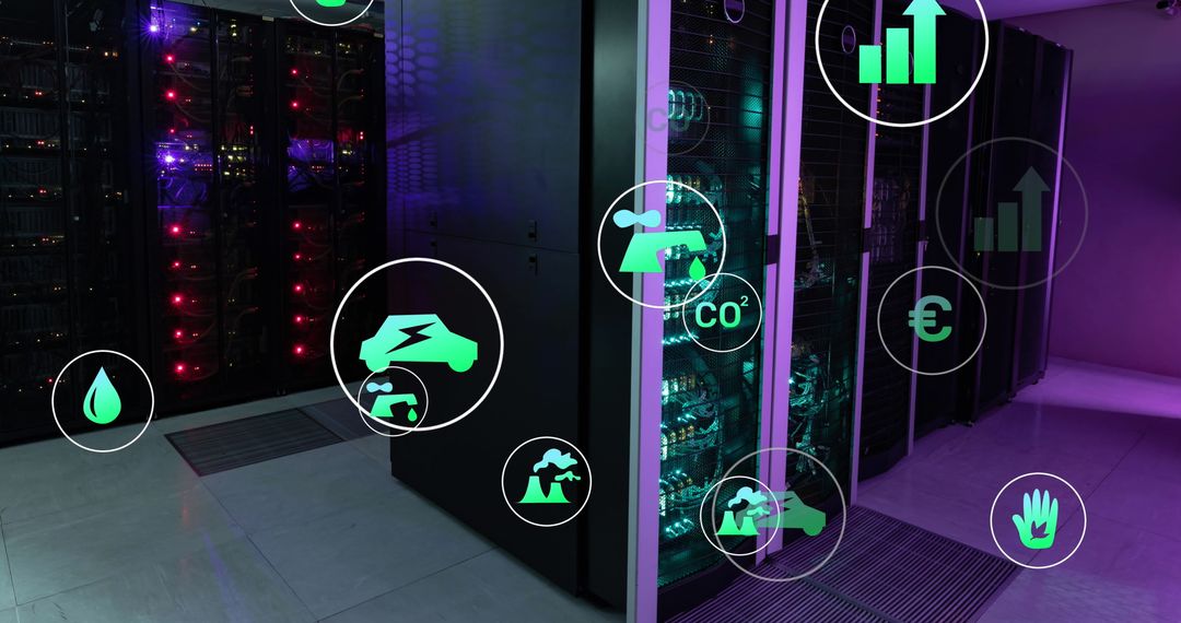 Green Technology Icons Floating Over Data Server Racks