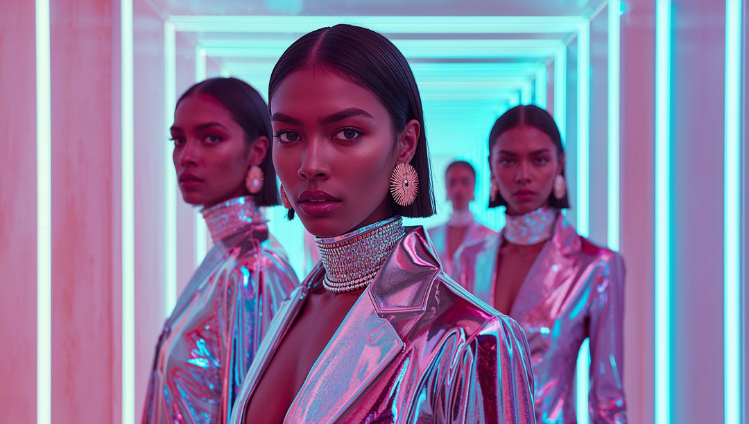 Futuristic Galm: Symmetrical Models in LED Light Tunnel