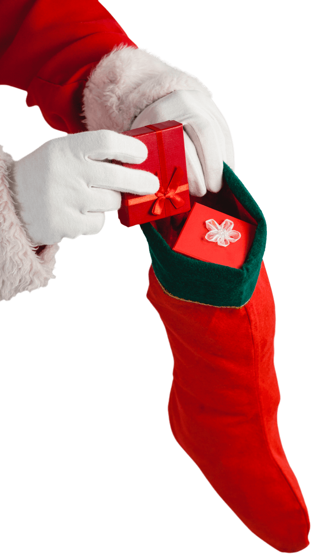 Santa Claus Hands Filling Transparent Christmas Stocking