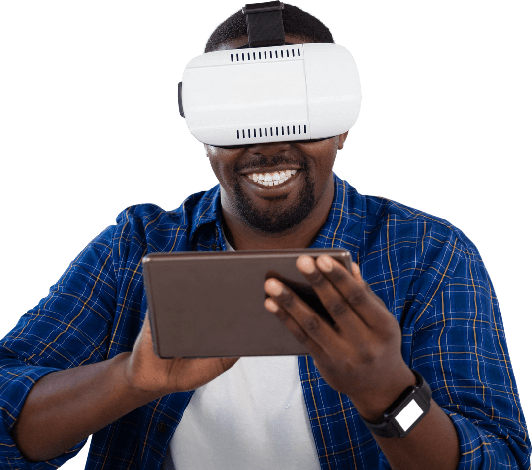 Smiling Man Using Tablet with Transparent VR Headset Outdoors