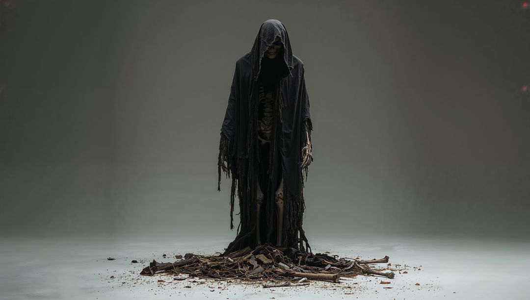 Mysterious Skeletal Figure in Tattered Cloak