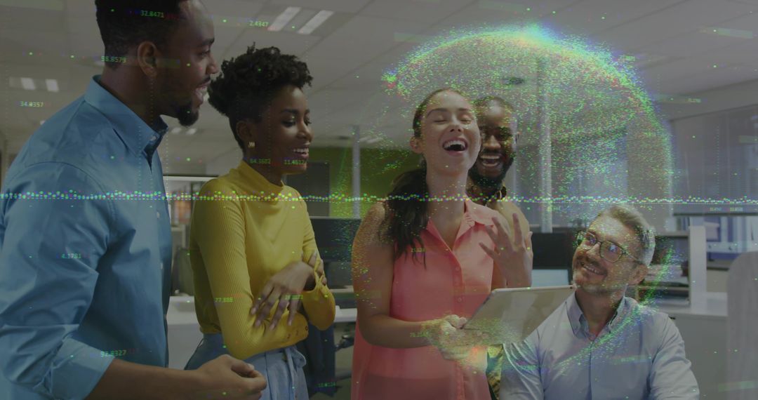 Team Collaborating on Digital Tablet with Holographic Overlay