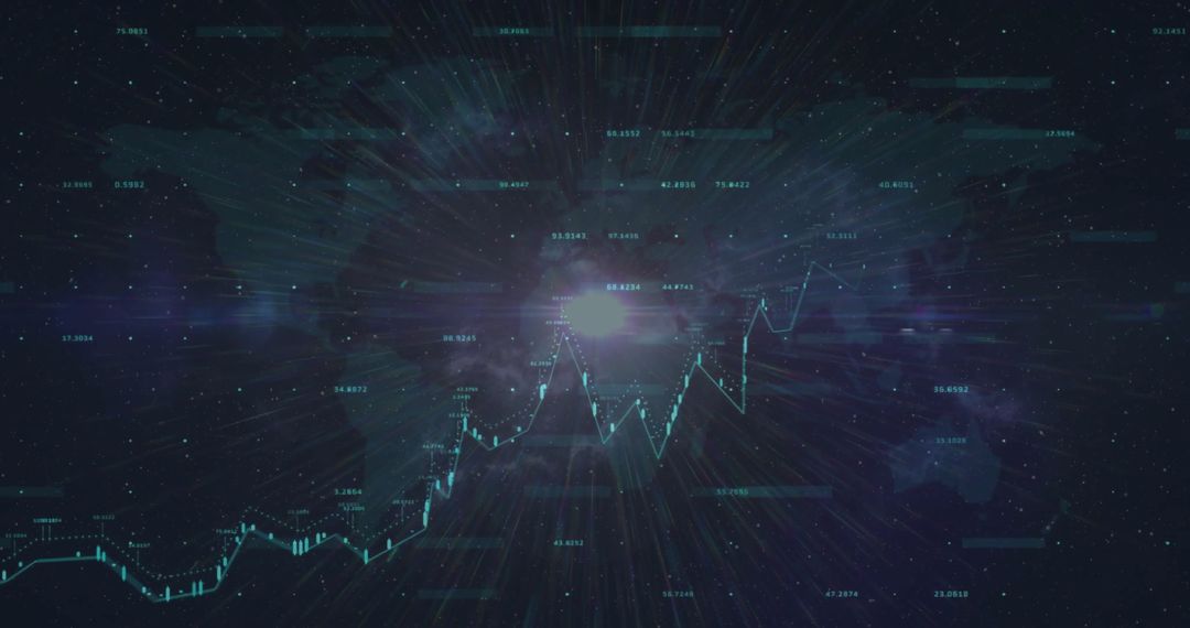 Futuristic Stock Market Analytics with World Map and Candlestick Chart