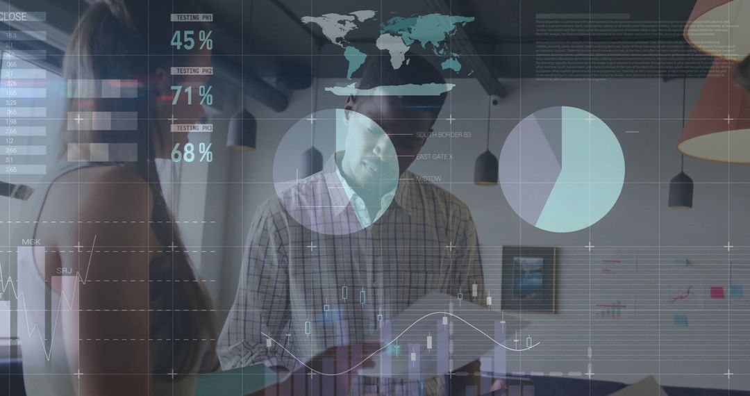 Business Professionals Analyzing Data with Digital Interface Overlays