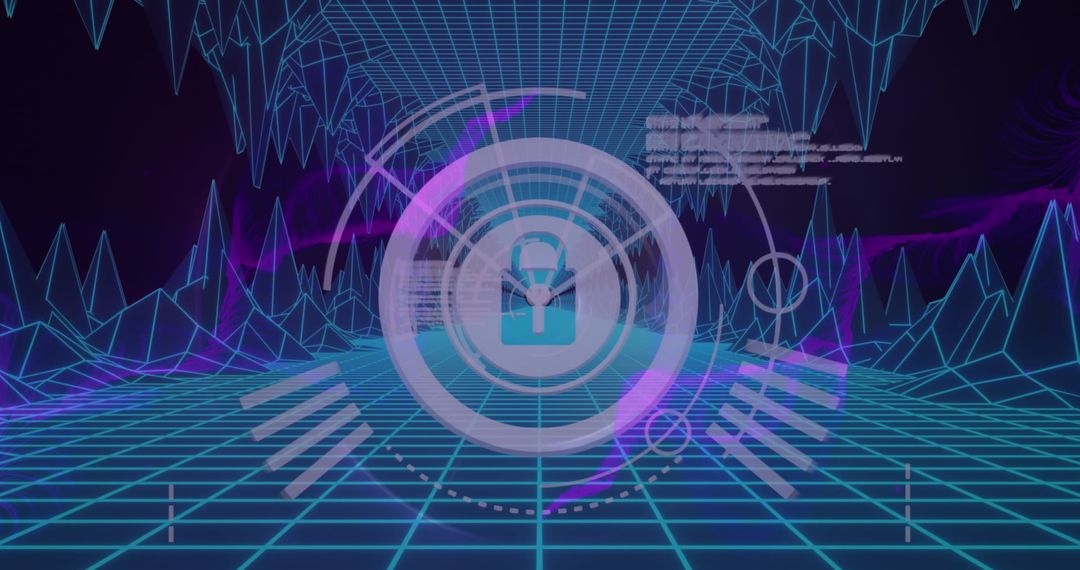 Futuristic Cyber Security Theme with Lock and Digital Landscape