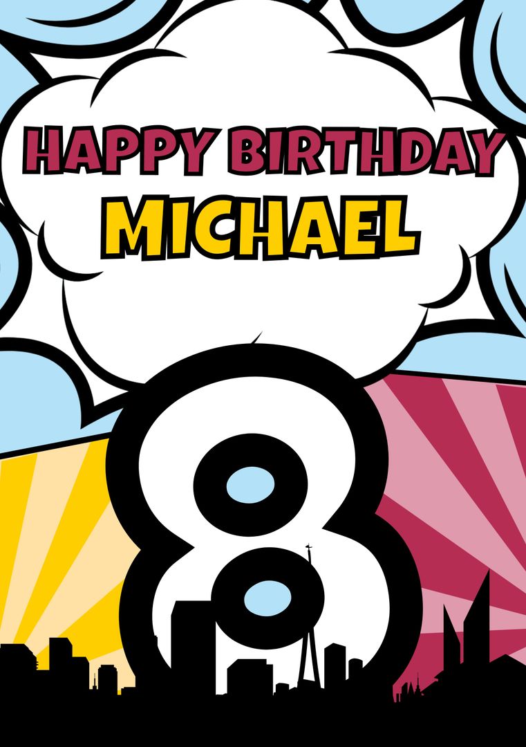 Happy Birthday Michael with Comic Style Cityscape Background - Download Free Stock Templates Pikwizard.com