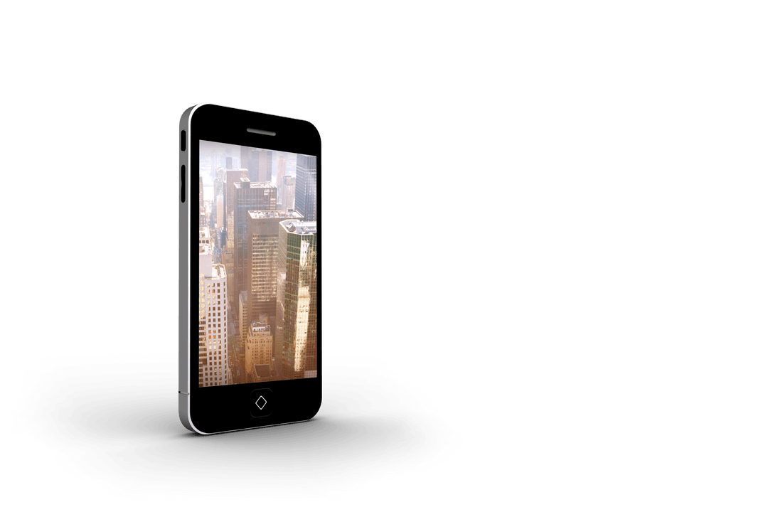 Smartphone Displaying Cityscape on Transparent Background