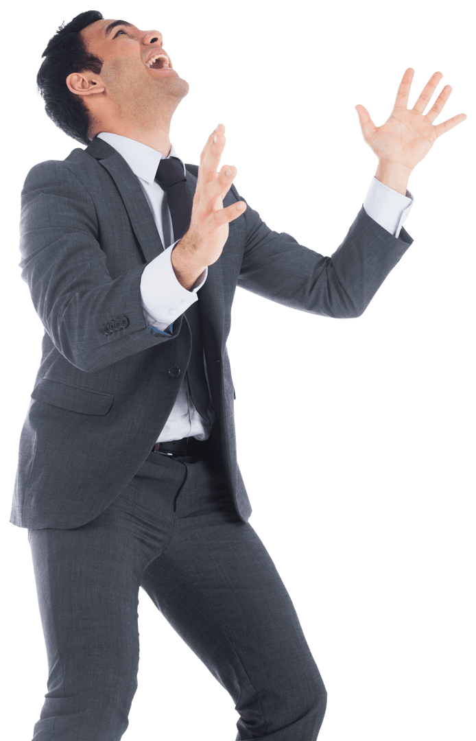 Transparent Joyful Businessman Posing in Suit on White Background