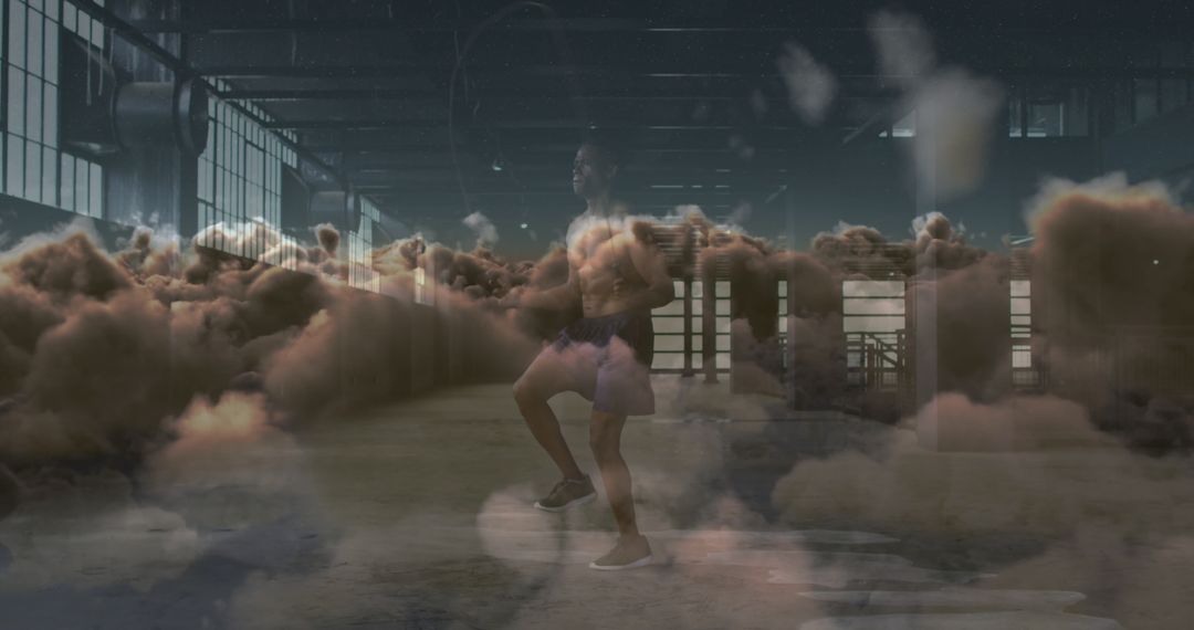 Athlete Training in Dreamlike Cloudy Warehouse