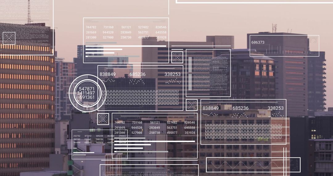 Abstract Digital Interface Overlaying Modern Cityscape