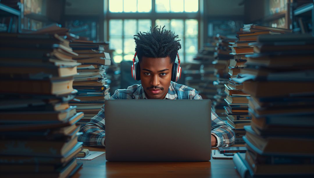 Focused Student Studying in Library with Laptop and Headphones