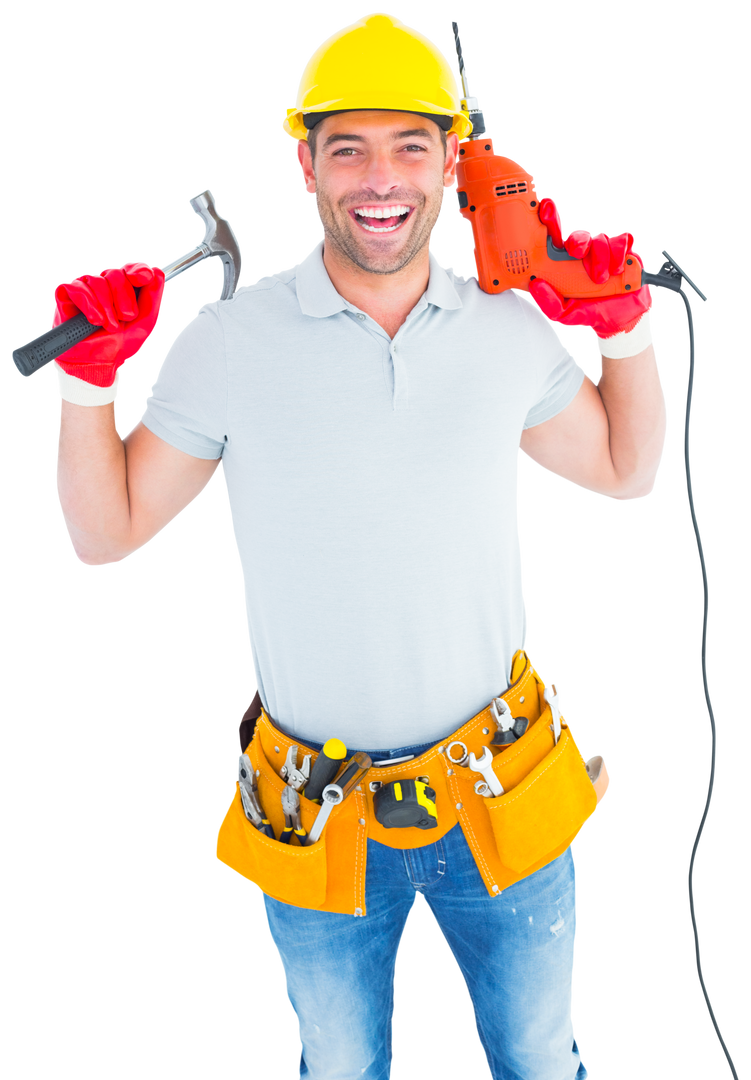 Transparent Happy Handyman Holding Hammer and Drill Machine - Download Free Stock Images Pikwizard.com