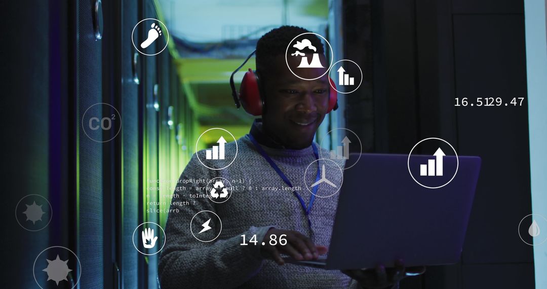 Engineer Analyzing Server Data with Digital Overlays in High-Tech Environment